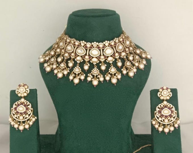 Handmade Gold Finish Kundan Bridal Choker Set, Indian Jewelry
