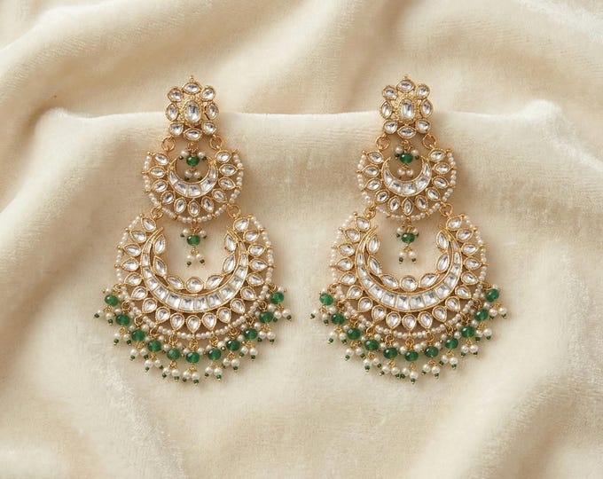Kundan Chand Bali Earrings, 925 Silver, Indian Bridal Jewelry