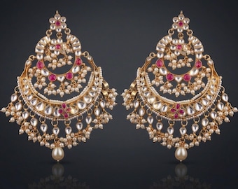 Statement Kundan Chandbali Earrings, Gold Plated Polki, Indian Jewelry