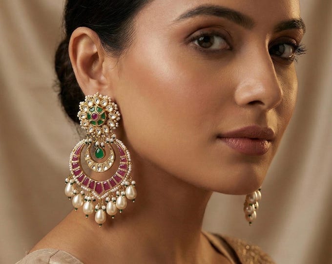 Handmade Kundan Chandbali Earrings, Gold Plated, Indian Bridal Jewelry