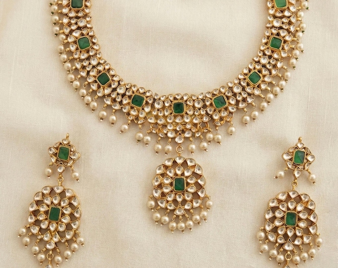 Handmade Kundan Choker, 22k Gold Plated Indian Wedding Necklace Set