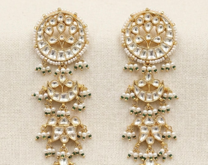 Handmade Kundan Chandbali Earrings, Gold Plated Indian Bridal Jewelry