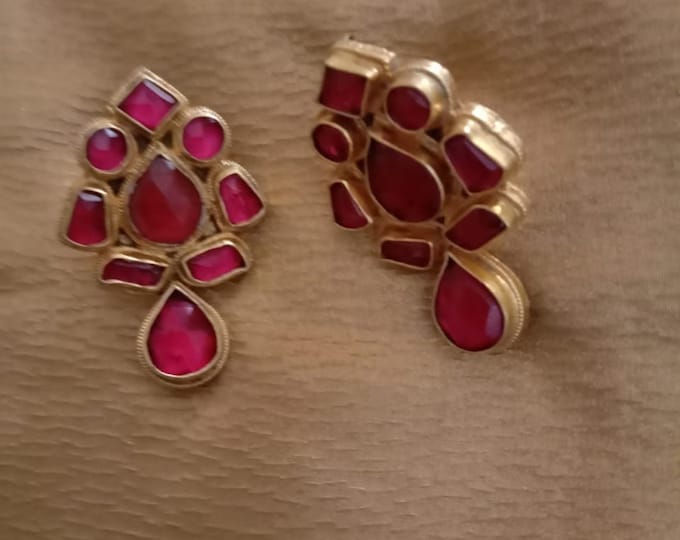 Handmade Kundan Earrings, Gold Plated Indian Jewelry, Pink Stone