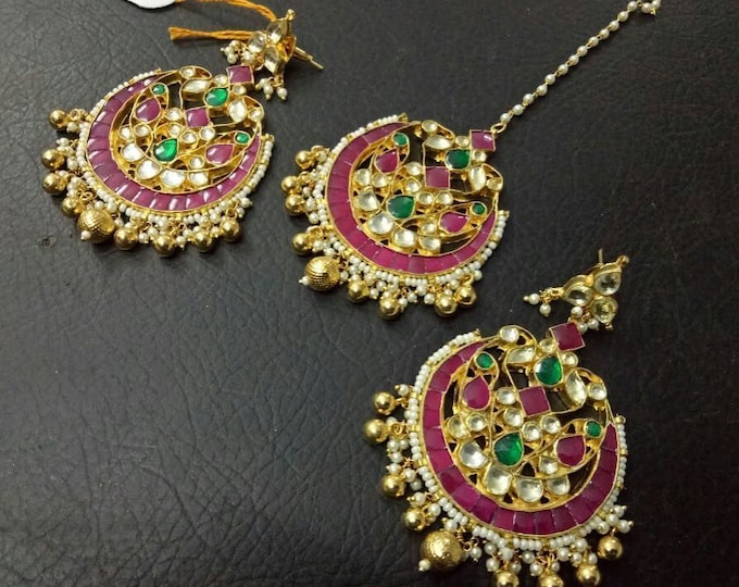 Kundan Chandbali Earrings with Maang Tikka Set: Gold-Plated Indian Jewelry