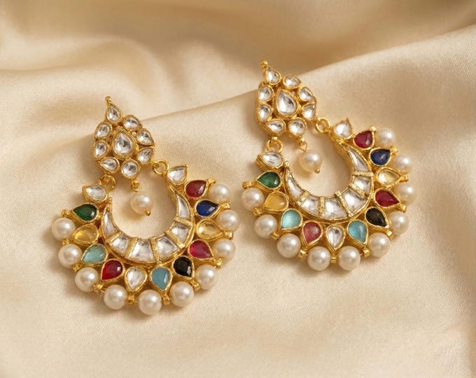 Handmade Kundan Chandbali Earrings, Indian Bridal Jewelry