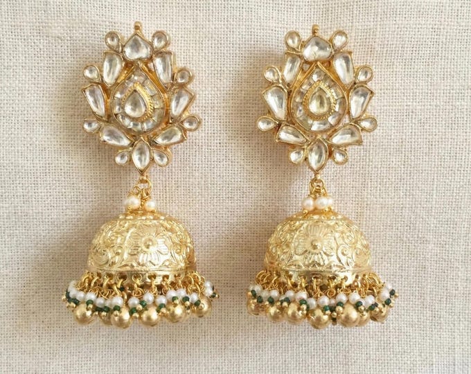 Kundan Jhumka Earrings, Gold Plated, Indian Bridal Jewellery