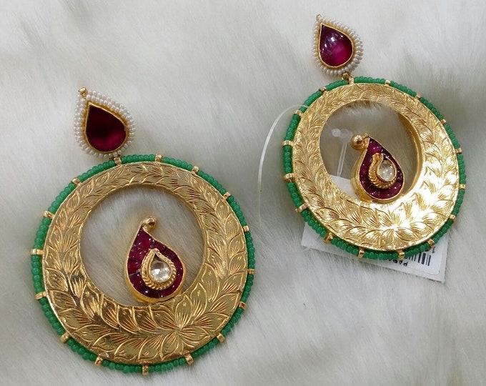 Handmade Kundan Chandbali Earrings, 925 Silver, Gold Plated