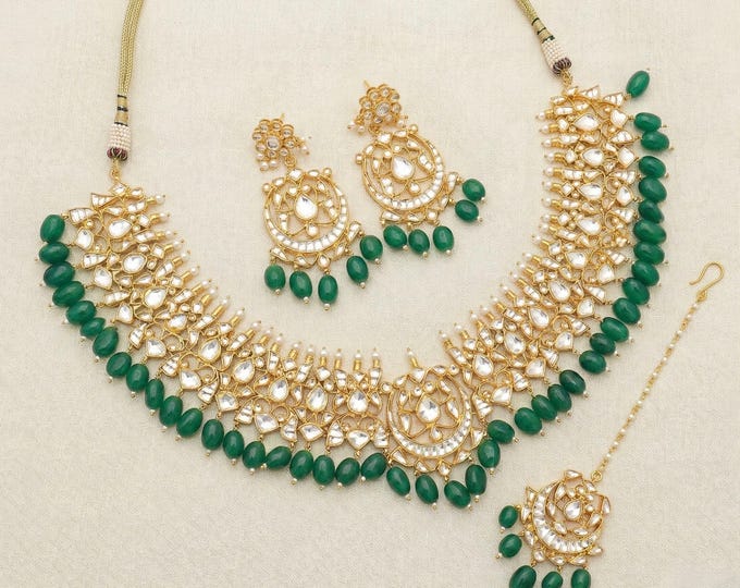 Handmade Kundan Choker Necklace, 22K Gold Plated Indian Jewelry Set