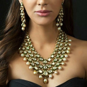 Antique Gold Tone Kundan Necklace,Indian Traditional Jewelry,Kundan Jewelry Sets,Designer Necklace with Long Dangler Earrings,Polki Jewelry
