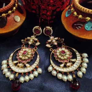 Kundan Earrings,Gold Finish Chandbali,Designer Chandbali,Pearl Drop Earring,South Indian Jewelry,Kundan Bridal Jewelry for Indian Brides
