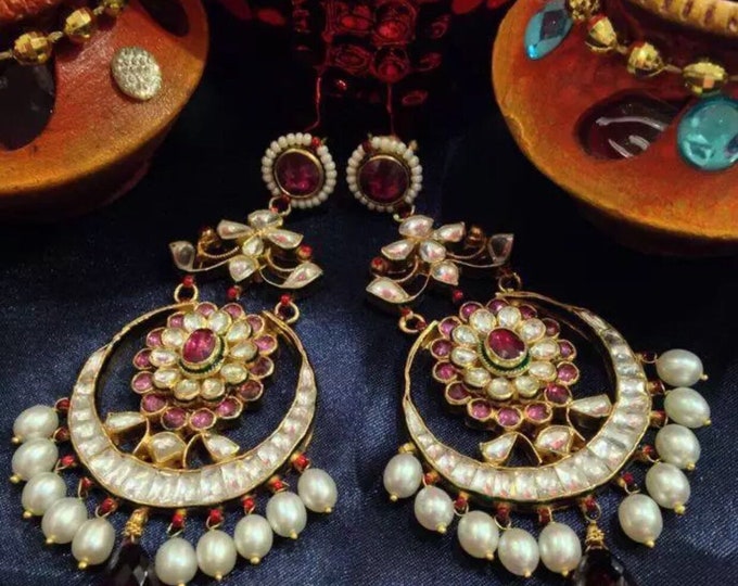 Kundan Chandbali Earrings, Gold Finish, Pearl Drop, Indian Bridal Jewelry