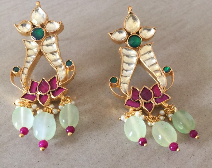 Gold Plated Kundan Earrings, Lotus Design, Indian Bridal Jewelry