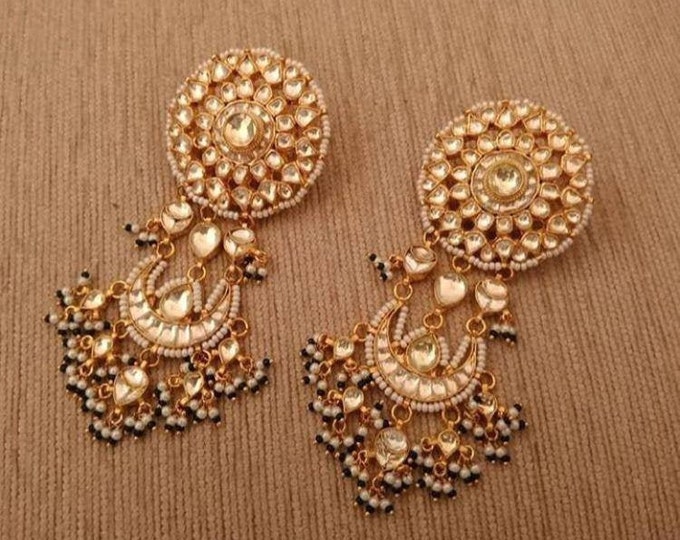 Handmade Kundan Chandbali Earrings, Gold Plated Bridal Jewelry