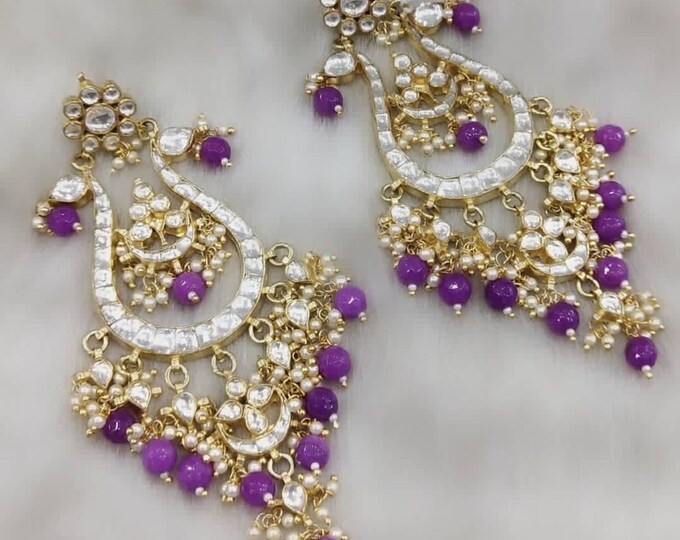 Kundan Chandbali Earrings, Violet Blue Drops, Indian Wedding Jewelry