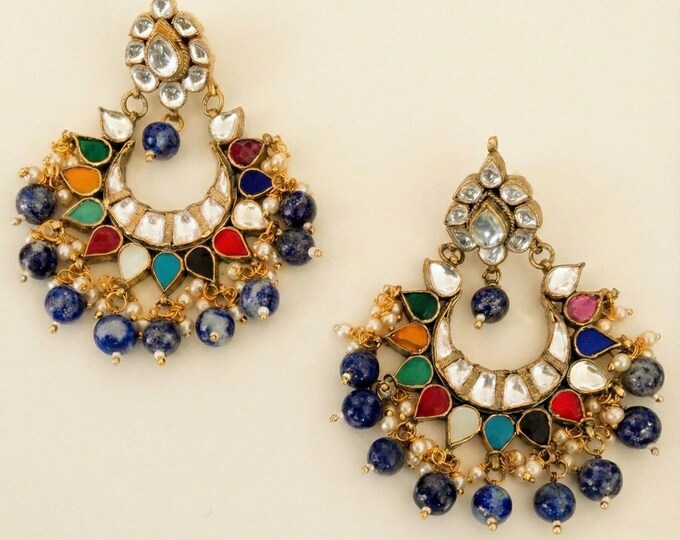 Handmade Kundan Chandbali Earrings, Navratna, Blue Lapis