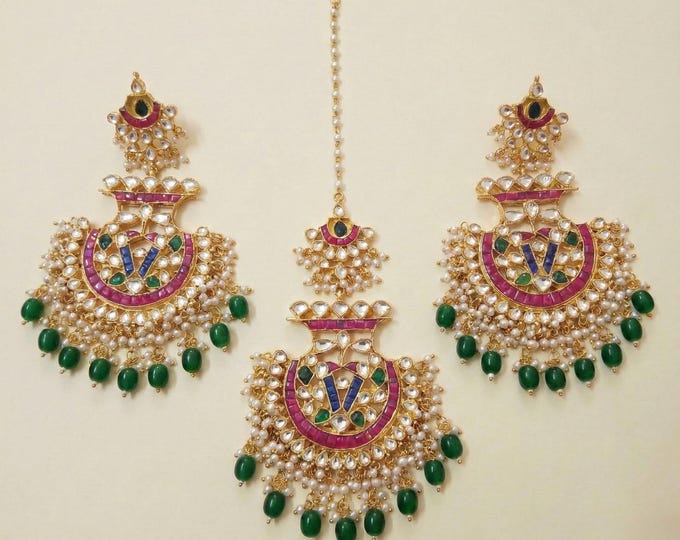 Handmade Kundan Chandbali Earrings and Maangtikka Set, Gold Plated Indian Jewelry
