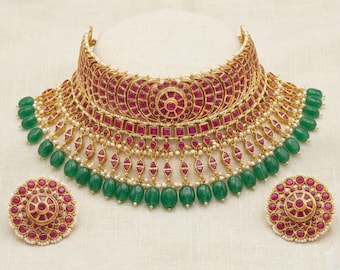 Handmade Kundan Choker Set, Gold Plated, Ruby Pink & Emerald Green
