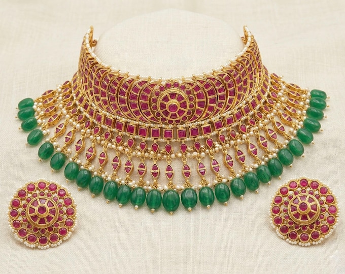 Handmade Kundan Choker Set, Gold Plated, Ruby Pink & Emerald Green