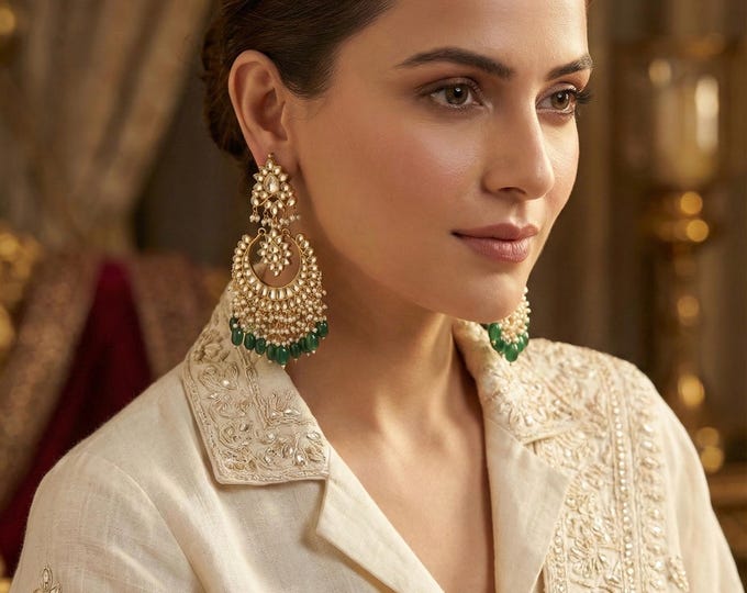 Handmade Kundan Chandbali Earrings | Emerald Green, 22k Gold Plated