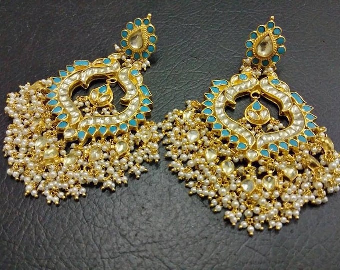 Kundan Chandbali Earrings, Turquoise Indian Bridal Jewelry