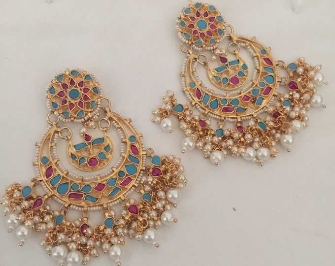 Handmade Kundan Chandbali Earrings, Pink Turquoise, Ethnic Indian Jewelry
