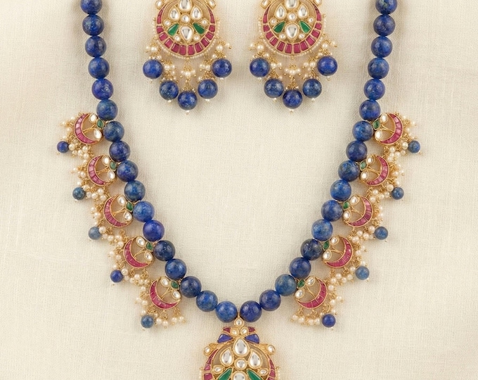 Handmade Kundan Jewelry Set | Lapis & Chandbali Earrings, Gold Plated