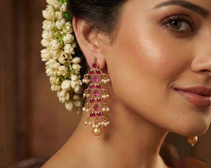 Handmade Kundan Earrings: Pink Stone, Pearl Hangings, Indian Jewelry