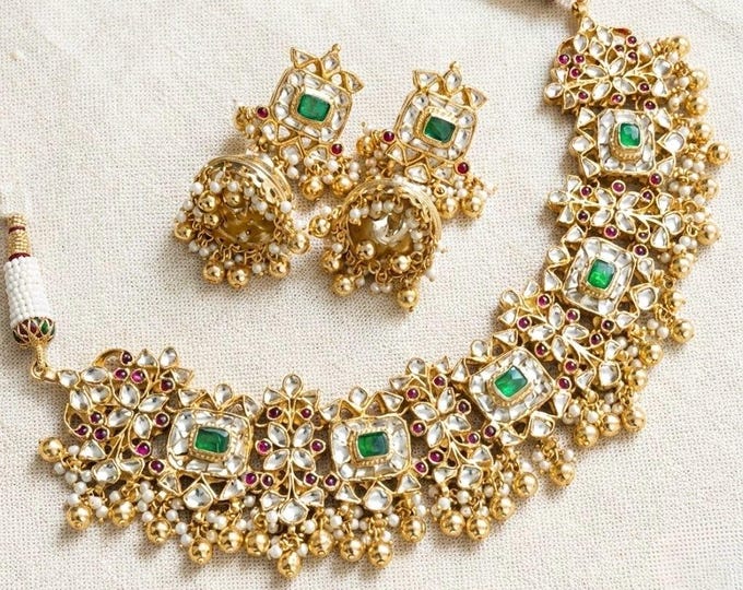 Handmade Gold Plated Kundan Choker, Indian Bridal Jewelry Set