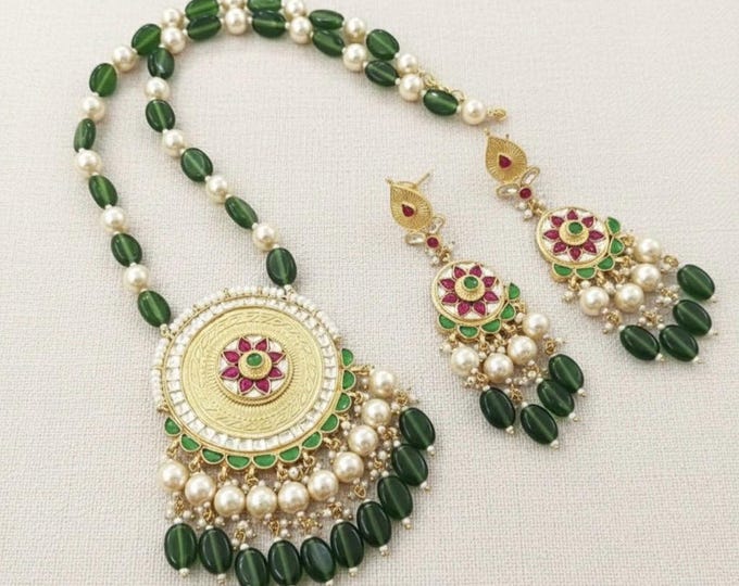 Kundan Jewelry Set, Gold Plated Indian Bridal Necklace, Pearl Earrings