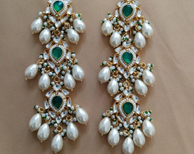Handmade Kundan Earrings, Pearl Drop, Indian Wedding Jewelry