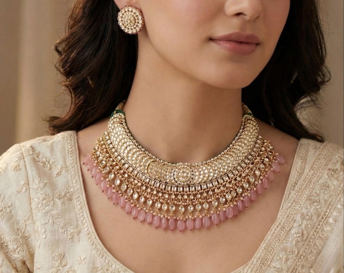 Kundan Choker Necklace with Earrings, Gold Plated Indian Wedding Jewelry