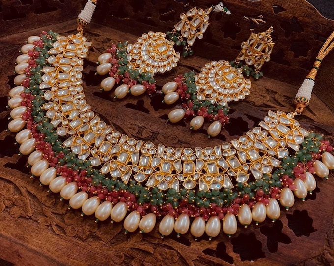 Kundan Choker Necklace Earrings Set, 22k Gold Plated Indian Bridal Jewelry