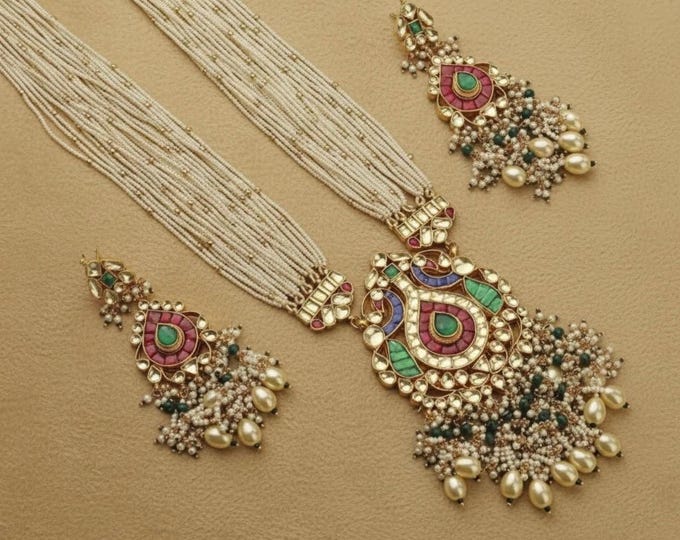Gold Plated Kundan Jewelry Set, Long Ranihaar Necklace, Indian Bridal Earrings