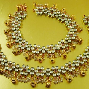 Kundan-enkelbanden, Indiase traditionele bruiloft enkelbanden, Kundan-sieraden, Zuid-Indiase sieraden, Pakistaanse sieraden enkelband, vergulde Polki Pajeb Payal
