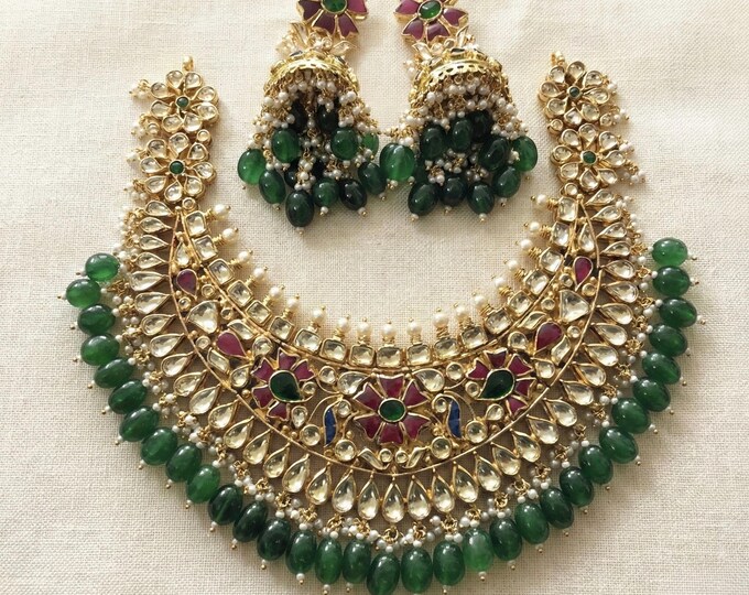 Handmade Kundan Jewelry Set, Gold Plated Indian Bridal Necklace, Green Emerald Beads