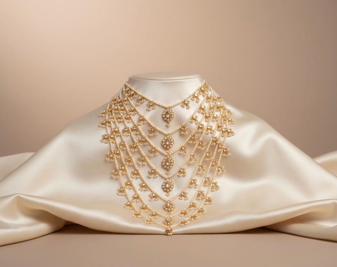 Kundan Pearl Satlada Necklace | 22k Gold Plated Bridal Jewelry | Multi layered Wedding Set