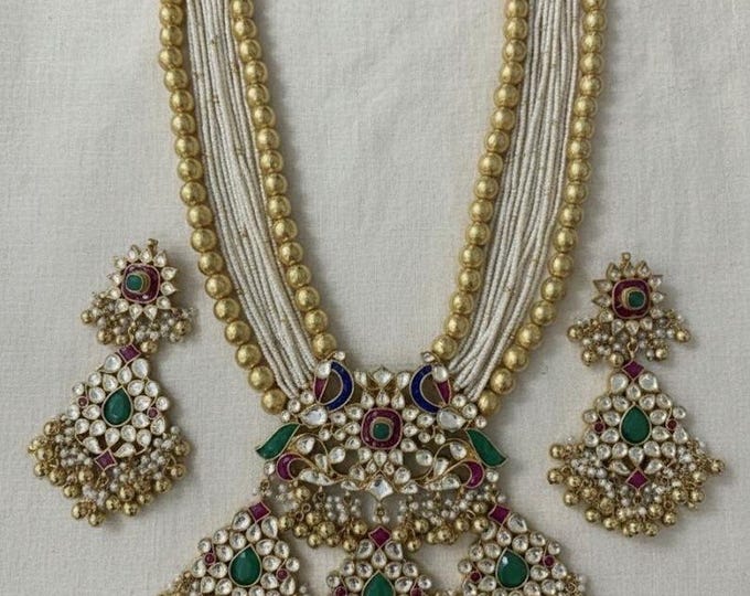 Handmade Kundan Bridal Necklace & Earrings Set, 22k Gold Plated