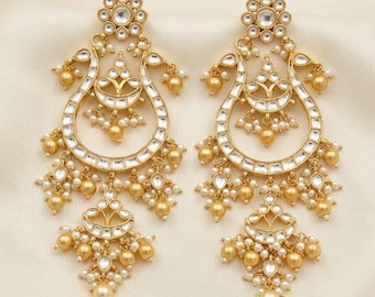 Kundan Chandbali Earrings, Indian Bridal Jewelry, Gold Finish