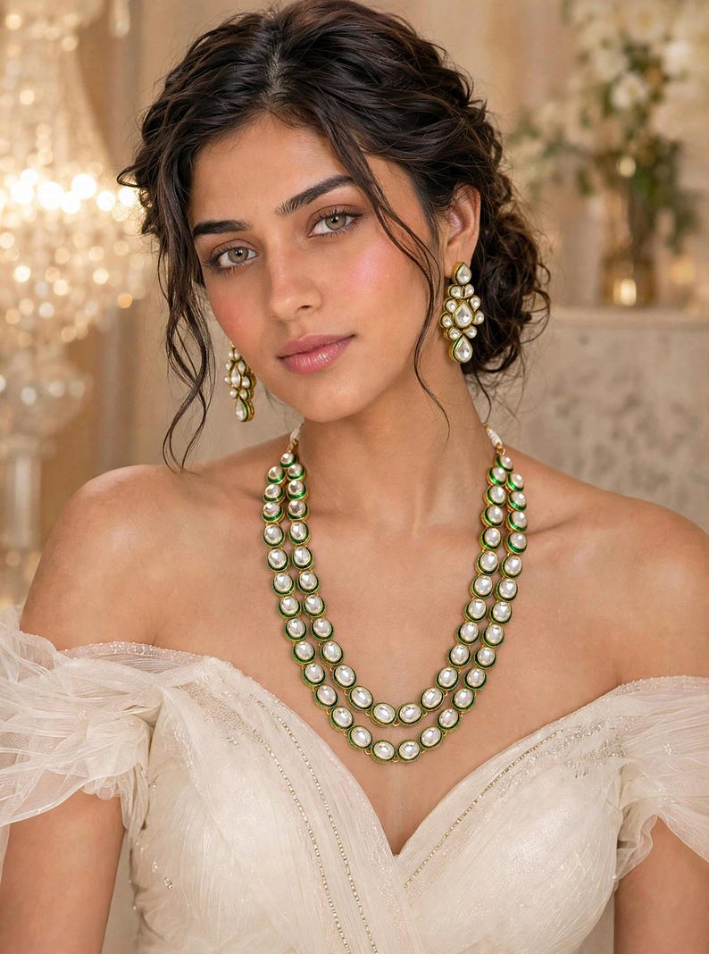 May include: A two-strand necklace featuring oval white stones set in gold-toned metal with green enamel borders, paired with matching drop earrings. Each earring consists of a cluster of oval white stones with green enamel detailing.