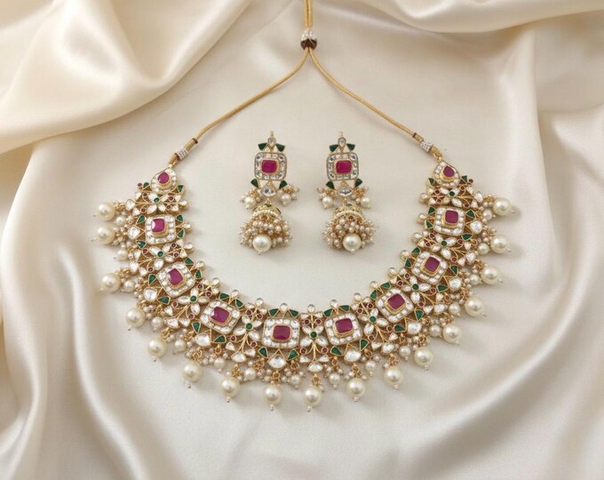 Handmade Kundan Choker Necklace Set, 22K Gold Plated Indian Bridal Jewelry