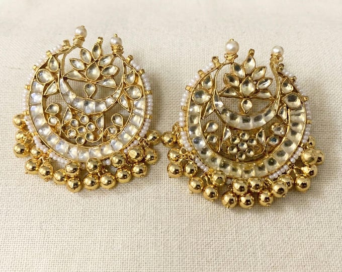 Handmade Kundan Chandbali Earrings, Gold Plated Indian Jewelry