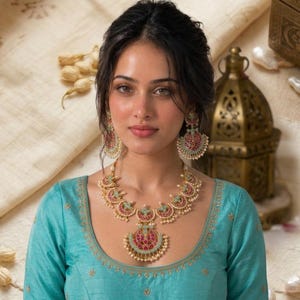 Kundan Jewelry Set | Indian Turquoise Necklace | Handmade Chandbali Earrings image 8