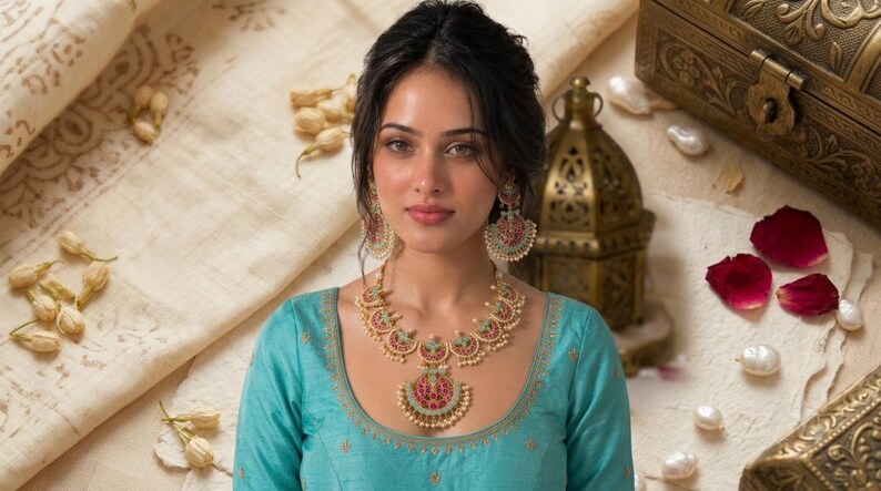 Kundan Jewelry Set | Indian Turquoise Necklace | Handmade Chandbali Earrings image 8