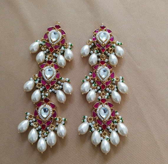 Blue Kundan and Pearl Drop Earrings by Niscka-Earrings For Girls
