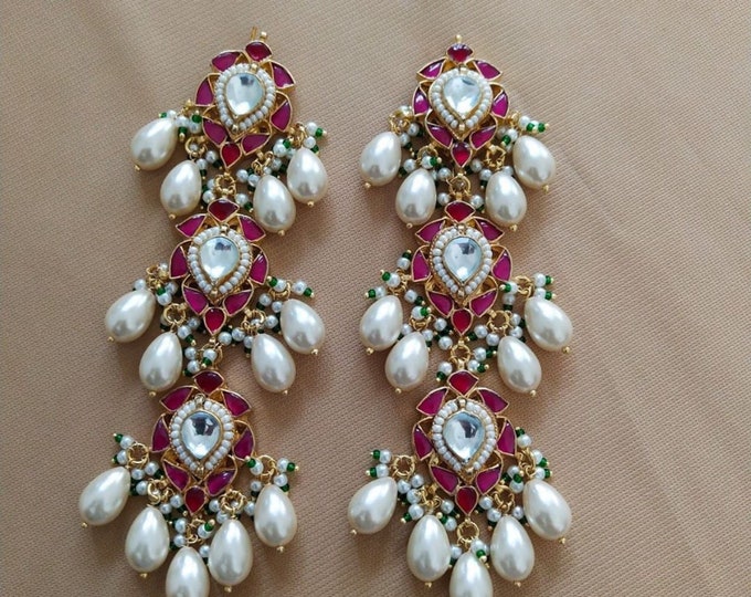 Kundan Dangler Earrings, Gold Plated, Pink Stone, Pearl Drop, Indian Jewelry