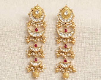 Pendientes Kundan Chandbali hechos a mano, joyería india con acabado dorado