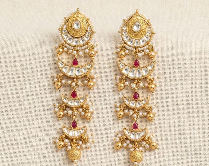 Handmade Kundan Chandbali Earrings, Gold Finish Indian Jewelry