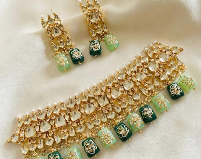 Handmade Kundan Choker Necklace set with earrings | 22k Gold Plated Indian Jewelry
