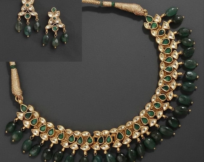 925 Silver Kundan Jewelry Set, Green Stone, Indian Bridal Necklace