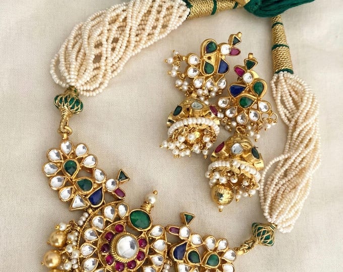 Handmade Kundan Choker Necklace Set, Indian Bridal Jewelry, Jumkhi Earrings